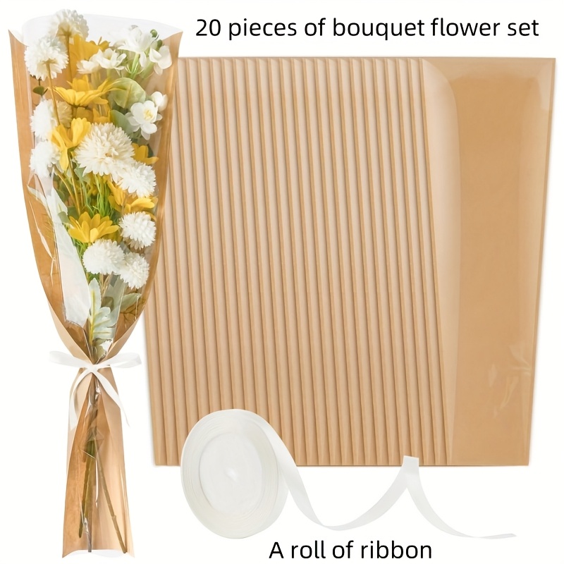 20pcs Bouquet Flower Set, Flower Wrapping Paper Paper Floral Packaging Bag With Ribbon Suitable For Flower Shop Supplies For Wedding Mother's Day ( )