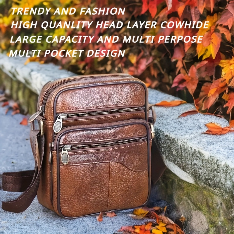 

[multicompartment Design] Premium Men's Genuine Leather Shoulder Bag - Adjustable Strap, Large Capacity, Business Casual Brown Cowhide With Multiple Compartments For Daily , Leather Purse