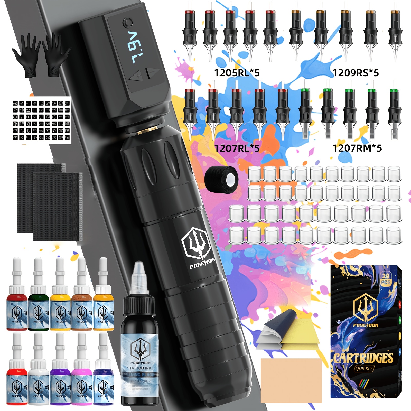 Image of Poseidon Wireless Tattoo Pen Set, Including A Tattoo Gun, Power Supply, And 20 Tattoo Cartridge Needles, Practice Tattoo Ink For Fake Skin, A Kit For