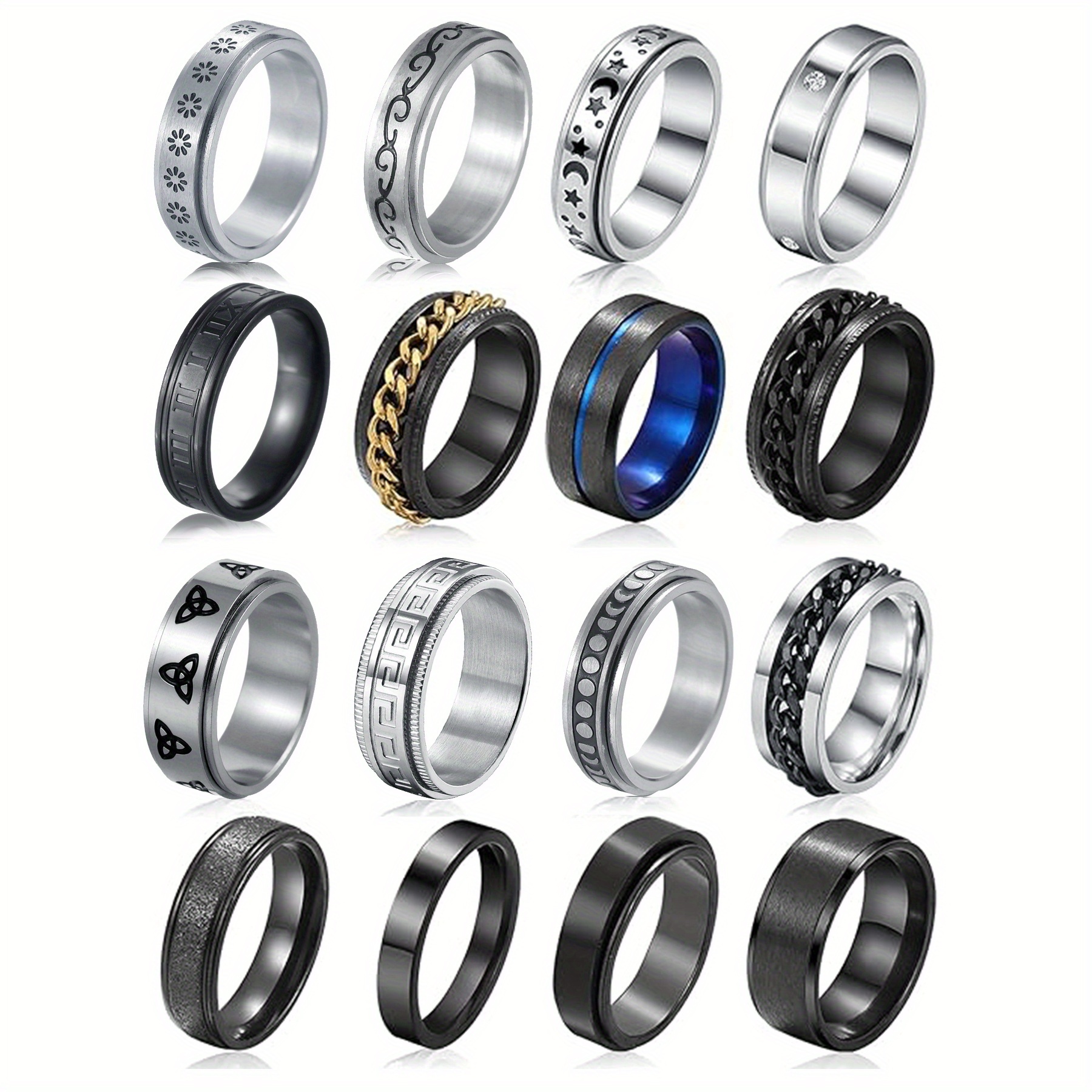 TEMU 16pcs/set Men's 201 201 201 201 Stainless Steel Ring, Silvery Pressure Relief Ring, Cool Rotating Ring Set, Wedding Ring Set