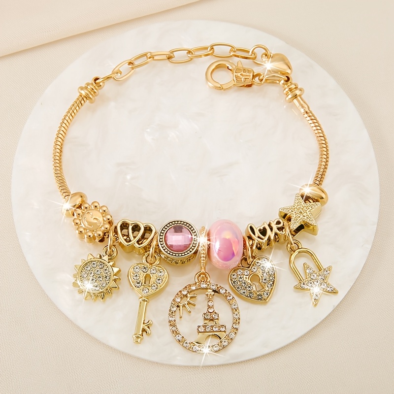 Women' French Boho Bracelet With Plating & Pink Beads - Birthstone Jewelry Suitable For Parties, Daily Wear, Gift For…: retailer-supplied image