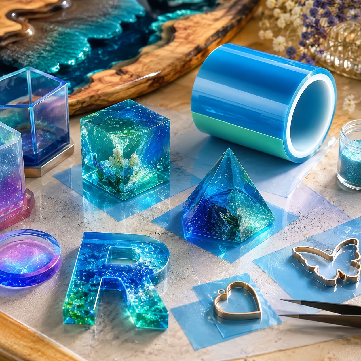 TEMU Cinta de de resina epoxi para hacer colgantes de joyería, cinta azul para moldes de resina para marcos de bisel abierto de metal, 16.4Ft X