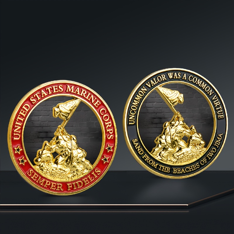 

Contemporary Metal United States Marine Corps Commemorative Challenge Coin, Novelty Shape With & Iwo Memorial Design, Patriotic Collectible Military Souvenir