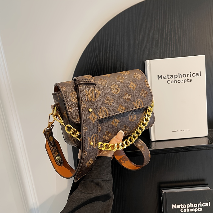 Image of Women' Brown Convertible Shoulder Bag With Golden-tone Chain Strap, Magnetic Closure & Letter - Versatile Crossbody Purse For Work, , Shopping, Small Crossbody Bag