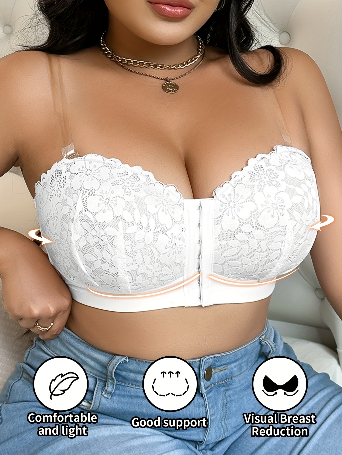 Plus Size Front Closure Strapless Lace Bra for Women - Floral Print Adjustable Comfort Fit, No Underwire & Non-Detachable Padded Cups, Sexy Elegant Design for Everyday & Special Occasions, Strapless Bra, Evening Wear Accessory, Offshoulder Lingerie, Wirefree Construction, Comfortable Lingerie, Breathable Material, Fashion Lovers