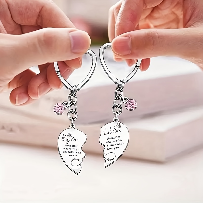 

Little Sis Heart Keychain Set, Matching Sister Keyrings With Ring , Decorative Stainless Chains, Birthday Gift Theme With & Love , 2pcs Set