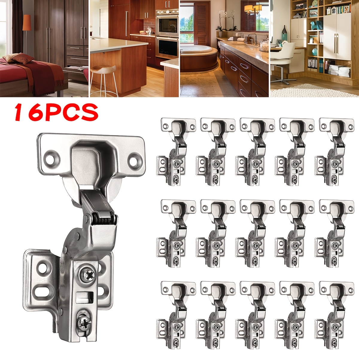 16pcs Modern Soft Close Hydraulic Cabinet Hinges - Adjustable, Brushed Metal Kitchen Door Hinges With Screws Included