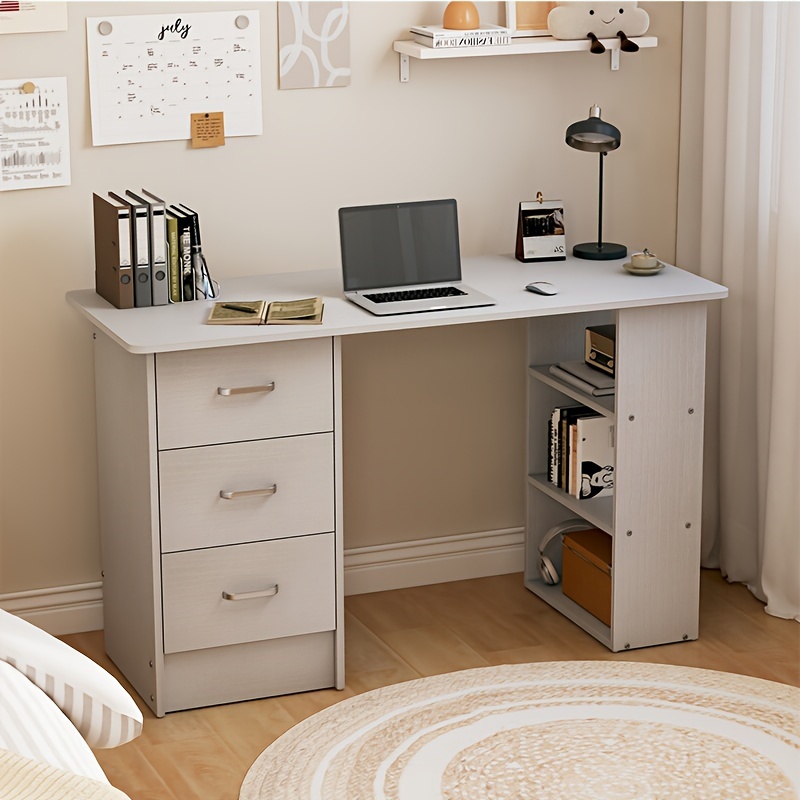 Spacious White Wooden Home Office Desk with 3 Drawers & 3 Shelves – Sturdy MDF Construction, Ideal for Writing, Computer Work & Gaming, with Ample Storage Space for Books, Stationery & More, Study Workstation|Functional Workspace|Mdf Wood Desk, Desk Accessories Office