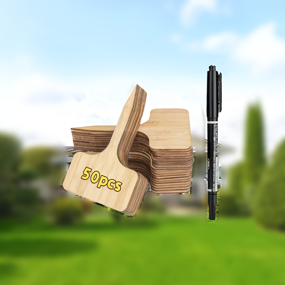 Image of 50 Waterproof Labels With 1 Marker - Durable T-type Tags, Suitable For Outdoor And Indoor Plants, Seedlings, And Vegetables