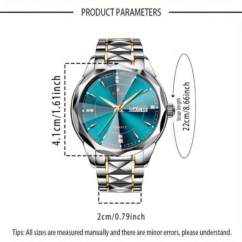 RUIGE Men's Quartz Watch with Night Light, Dual Calendar, Diamond-Shaped Mirror, Stainless Steel Case, Alloy Strap, Multiple Colors