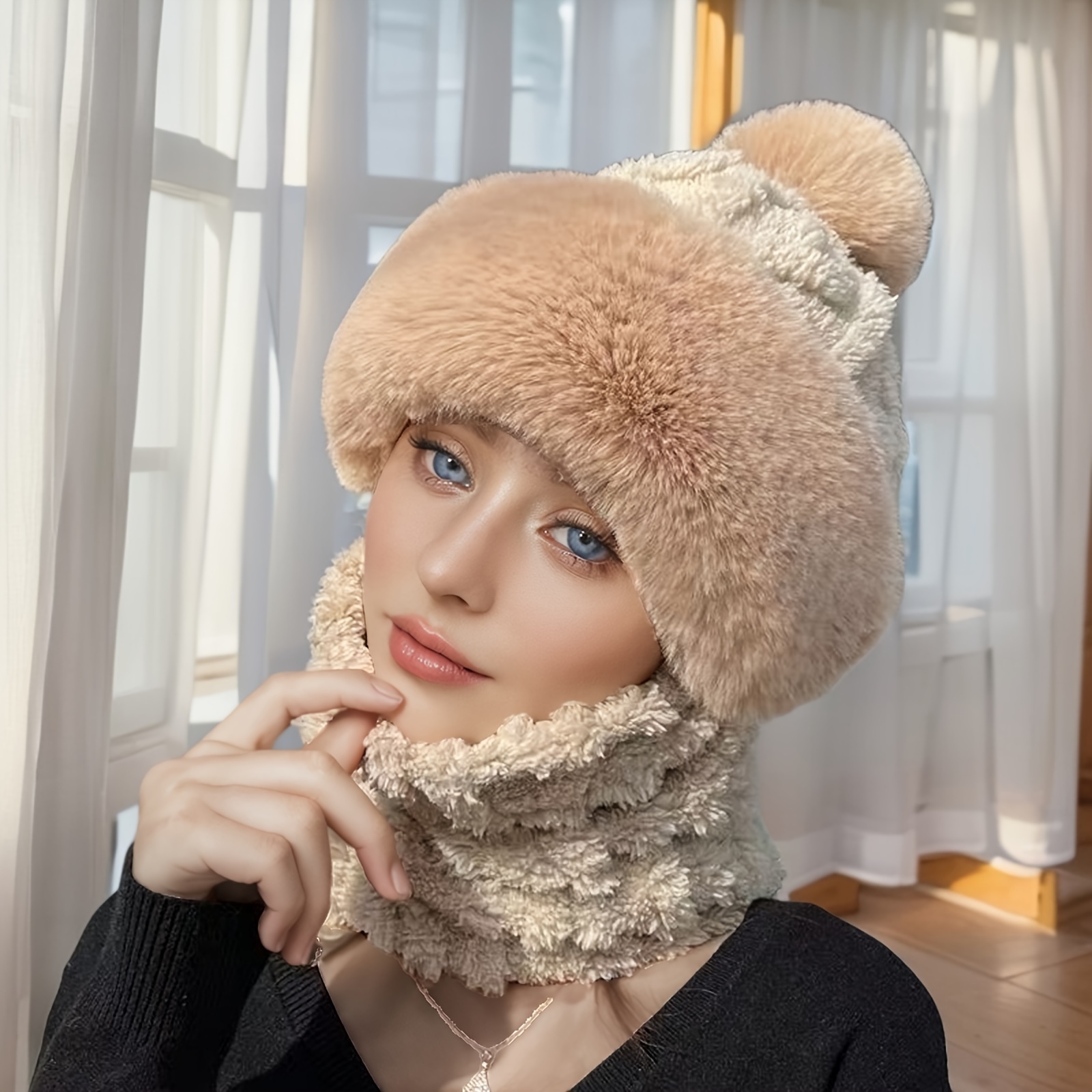 TEMU Women's Windproof Winter Ski Mask With Ear Flaps - Lined, One-piece Scarf & Hat For Outdoor Cycling