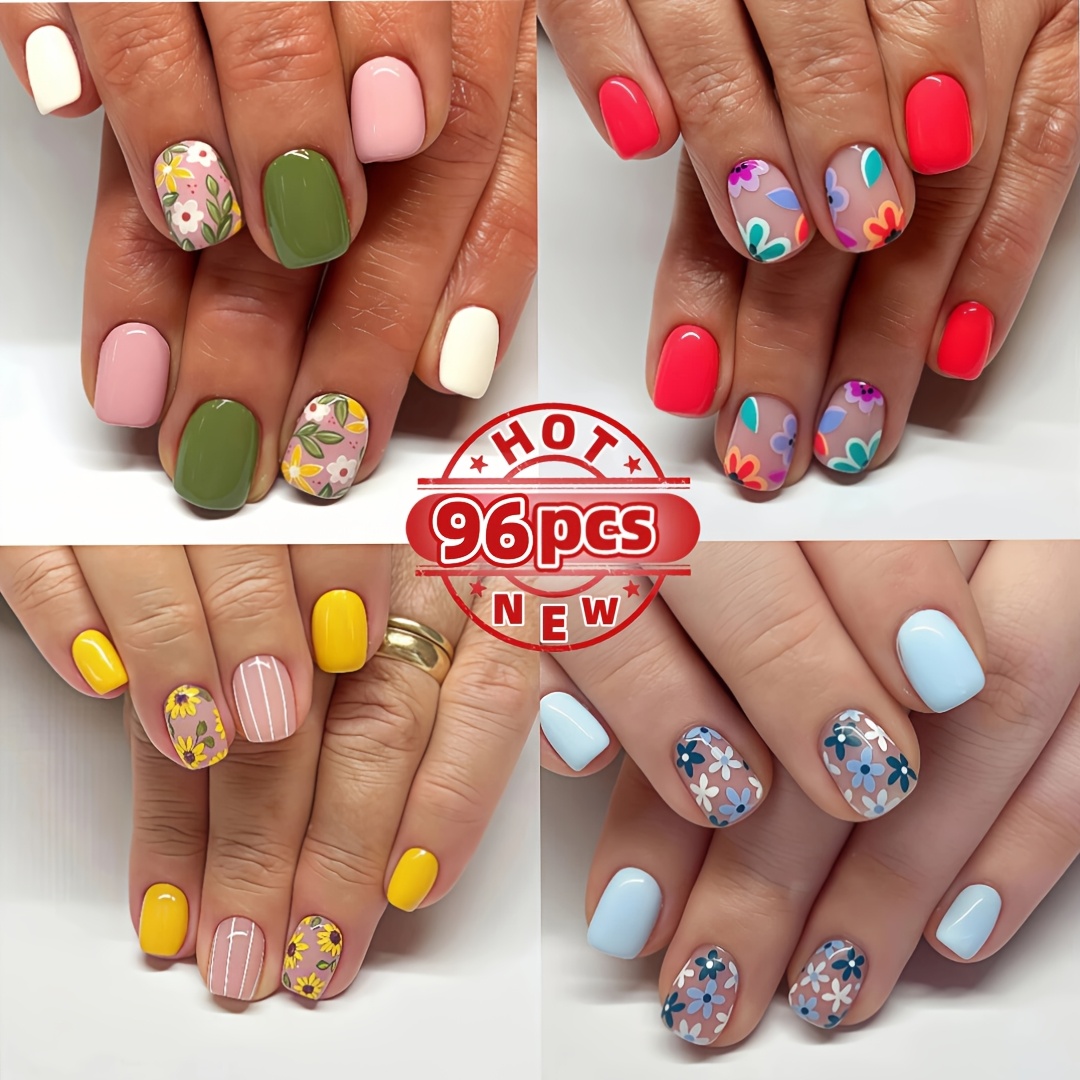 TEMU (Ongles Courts Mignons) 96 pièces, Nouveaux Styles Printemps & Été Lot Combiné d'Ongles Carrés Courts à Pression, Floraux Rétro, Rehausse la