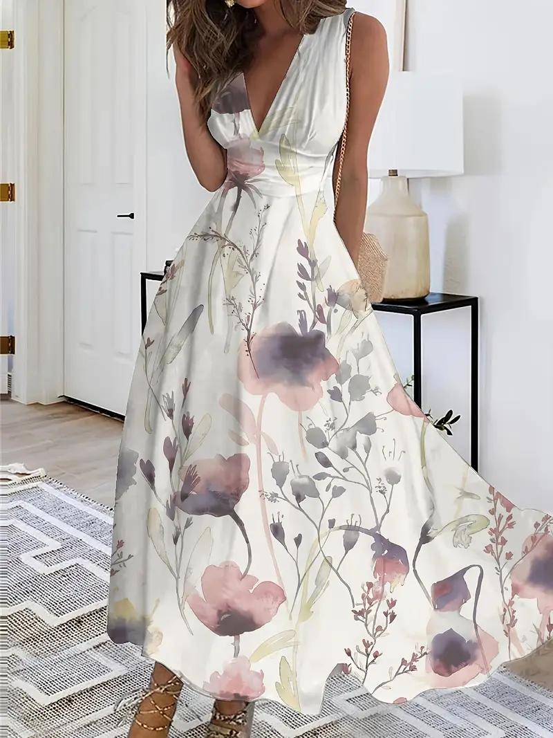 womens elegant v neck sleeveless a line dress floral print semi sheer lightweight fabric breathable versatile for casual to formal occasions attire medium fabric Product details 28