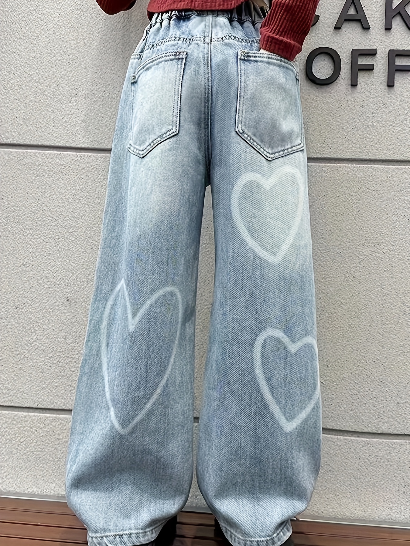 Girls White Heart Print Loose Jeans Fashion Street Wide-leg Pants