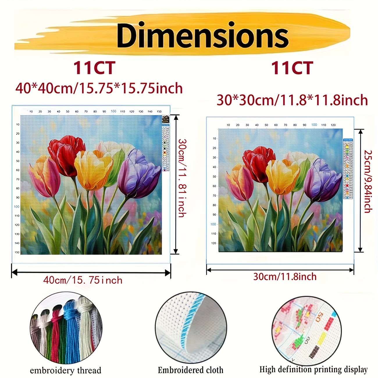 DIY Cross Stitch Print Kit, Frameless, Colorful Tulips Design