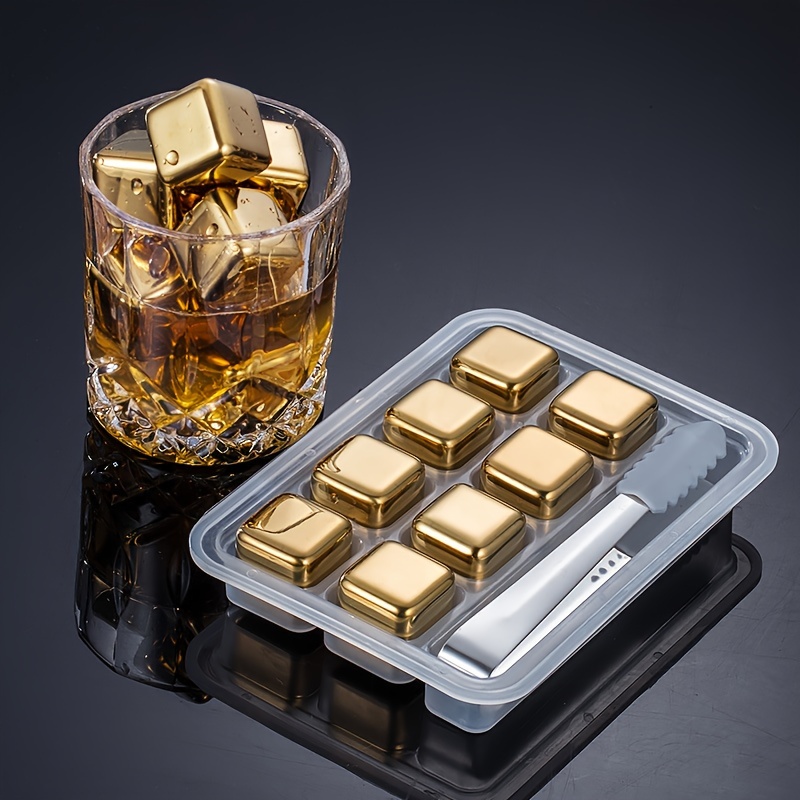 8pcs golden stainless steel whiskey ice cubes set with silicone tong reusable quick freeze metal chilling rocks for cocktails wine beverages reusable ice cubes for drinks details 0
