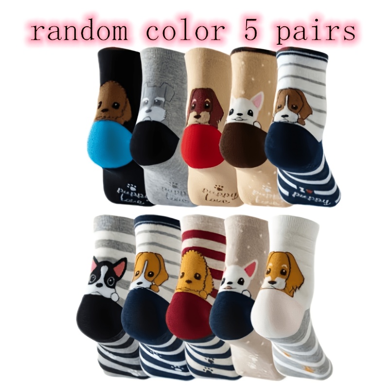 TEMU 5 Pairs Random Colors, Puppy Cartoon Mid-calf Socks, Cute Easy British Preppy Style, Unisex Wear, Autumn Winter Warm Comfortable All- Holiday
