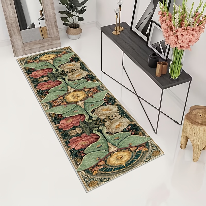 TEMU 1pc Hd Printed Retro Bohemian Style Floral Runner Rug, Green Moth And Pink White Peony Pattern Artistic Floor Mat, Suitable For Living Room,