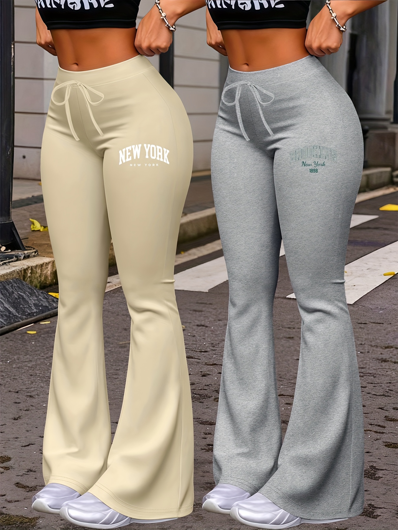 New Autumn Women's Clothing from Europe and America, NEW YORK & BROOKLYN Letter Print, Daily Casual Wear, Two-Pack of Comfortable Slim-Fit Stretch Tapered Straight-Leg Pants with Drawstring Waistband