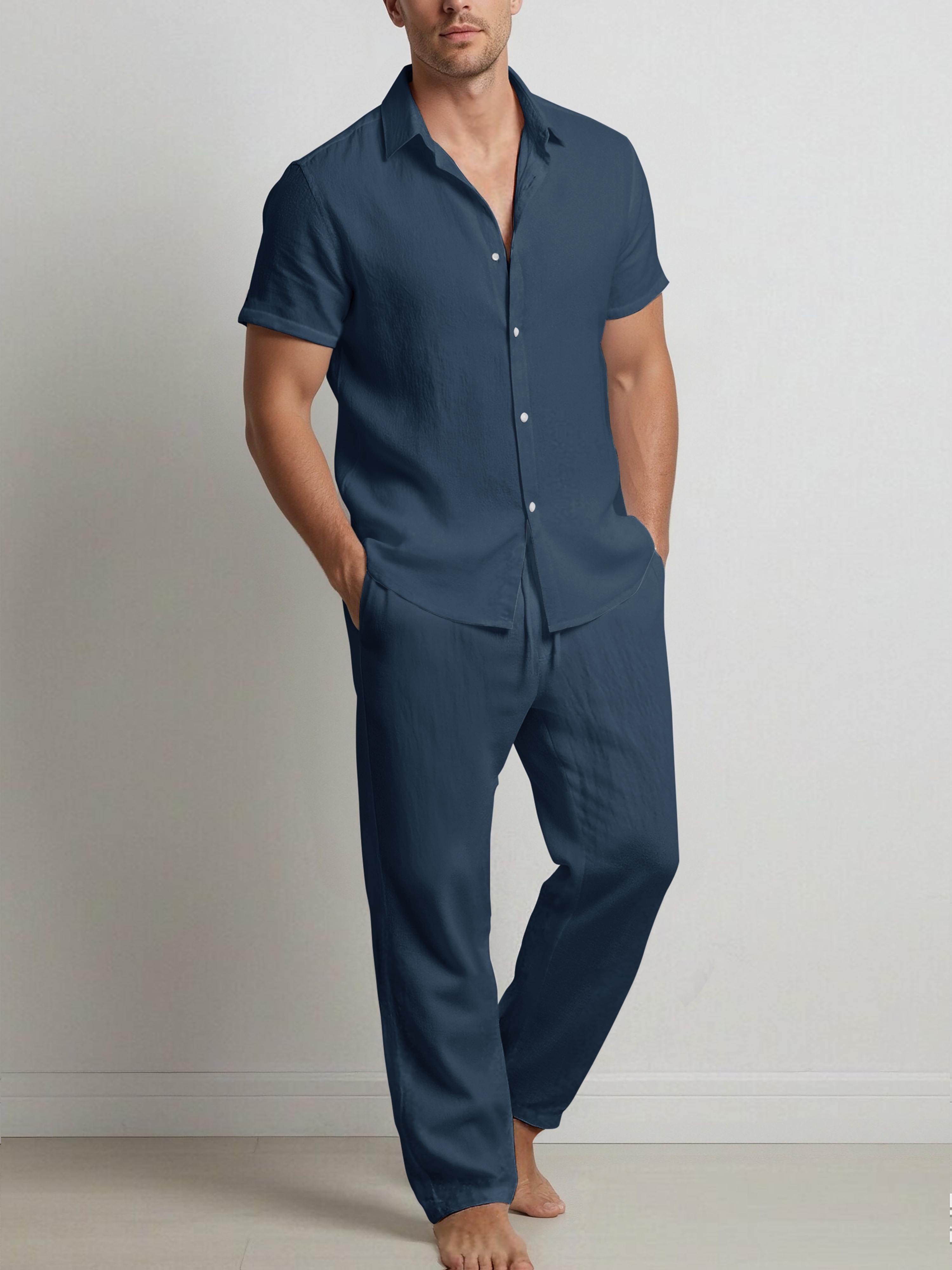 Men's Fashionable Solid Color Cotton- Shirt and Trousers Set, Casual Breathable 2pcs Outfit for Men