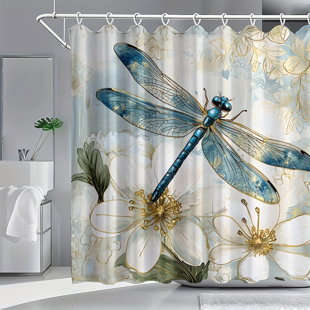 

Jit 1pc Water-resistant Polyester Shower Curtain With Dragonfly & Floral Print - Animal Themed Bathroom Decor With Hooks, Clean, , Woven, Shower Accessory