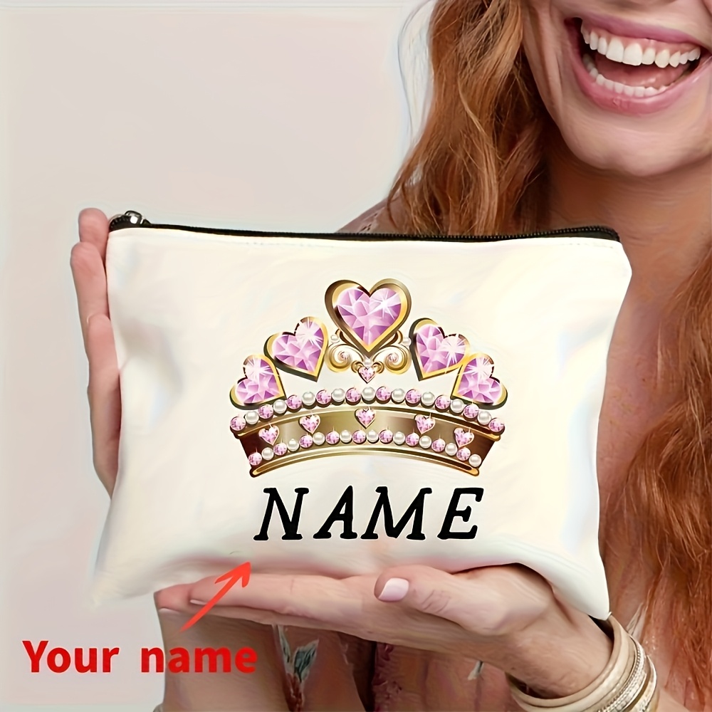 TEMU [Personnalisable] DIY Sac de Cosmétique Zippé Grande avec Couronne de Princesse Personnalisée "J'ai un " - 1 Pièce - Ornementée de Perles et de
