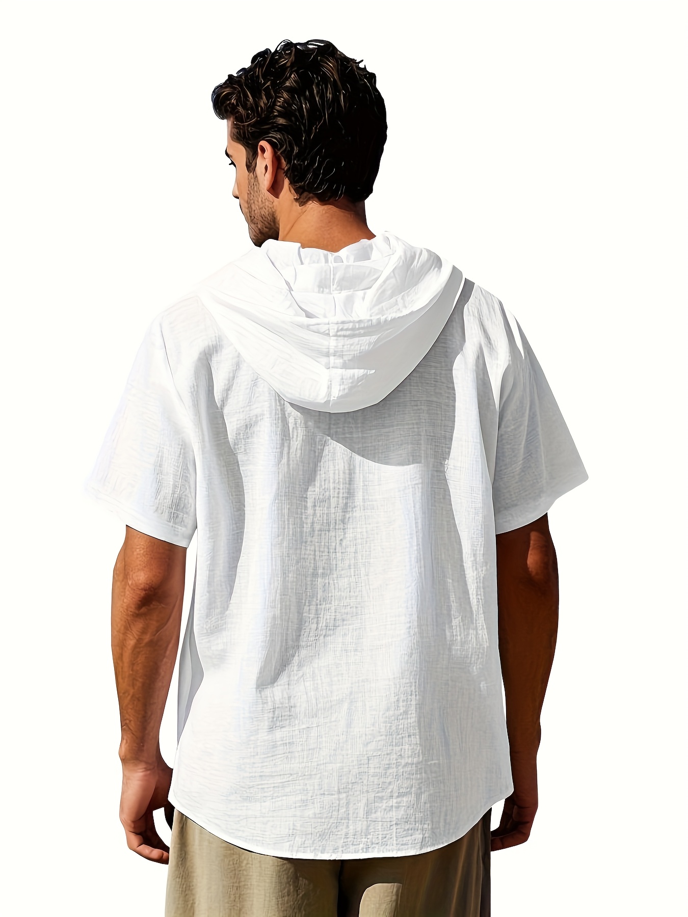 men's summer thin linen button hoodie drawstring casual Temu Germany