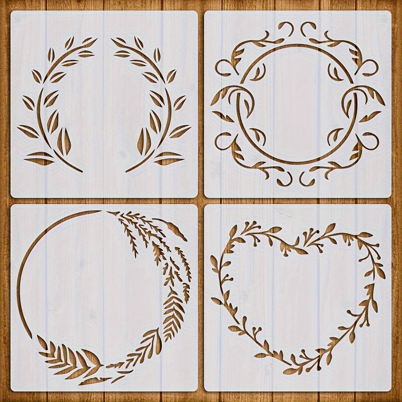 

4 Pack Of Floral Wreath Stencils, 6x6 Inches, Reusable Diy Craft Templates, Suitable For Wood, Furniture, Fabric Painting