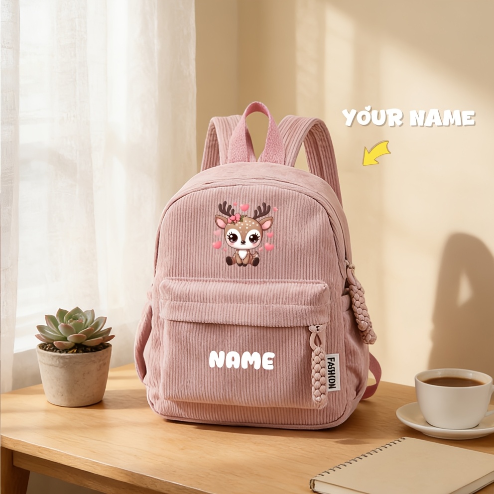 TEMU Sac à dos pour femme avec nom personnalisable, avec un adorable imprimé animalier de faon de dessin . Prend en charge l'impression de nom/