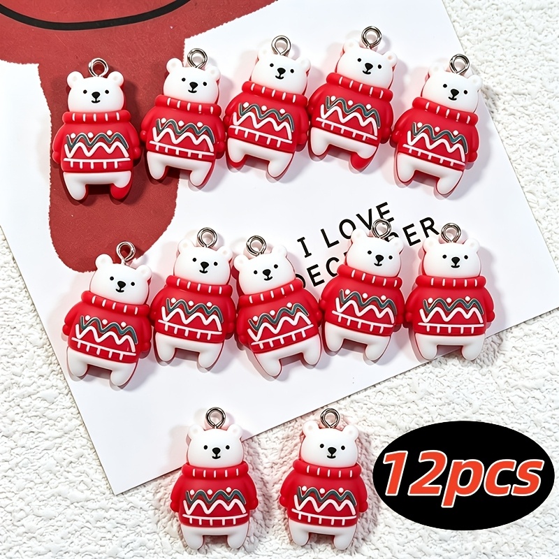 TEMU 12pcs Set Of Sweater-wearing Christmas Polar Bear Resin Pendants, Cute Christmas Jewelry Diy Craft Accessories