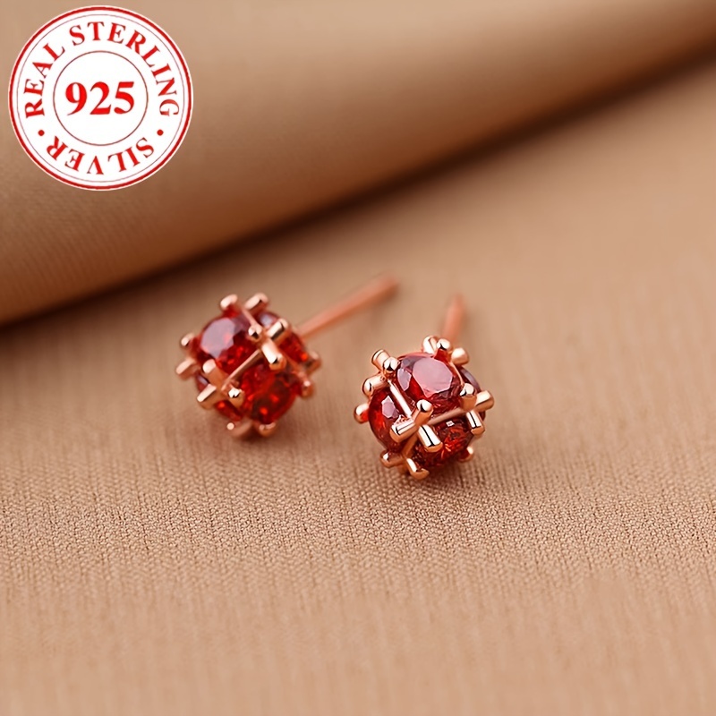 

925 Sterling Silvery Red Synthetic Zirconia Lock Women's Stud Earrings Ladies Fine Jewelry