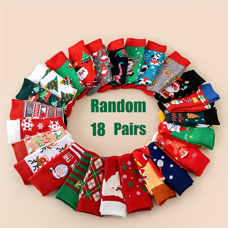 Image of 18 Pairs Of Random Men's And Women's Autumn And Winter Christmas Santa Claus, Snowflakes, Snowmen, Elk, Gingerbread Men, Christmas Tree Comfortable Mid-calf Socks, The Best Christmas Gift For