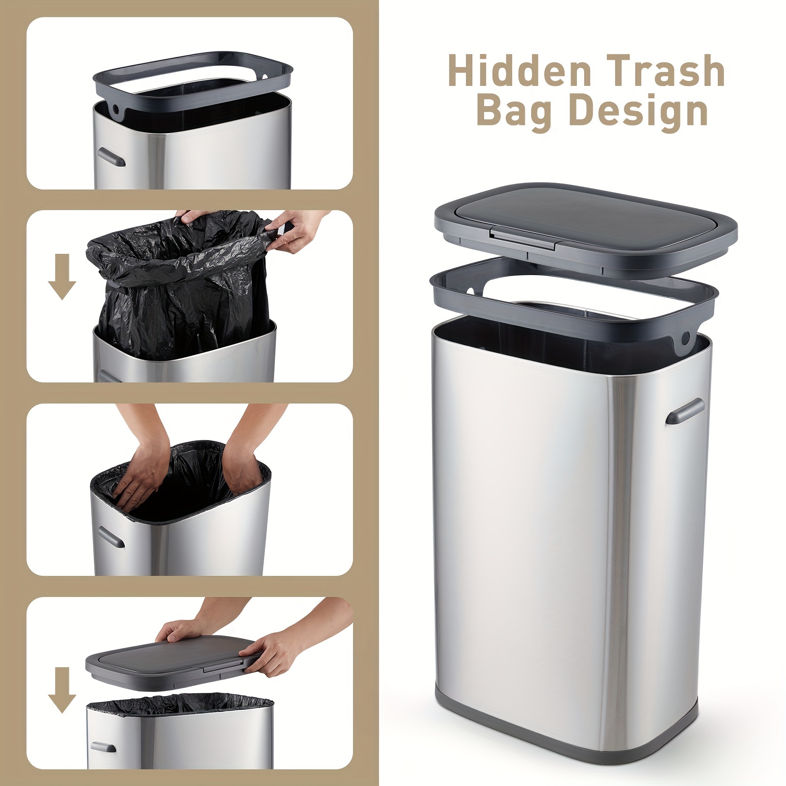 

14.5 Gallon Trash Bin With Pop-up Lid, Trash Can With Lid, 55l Garbage Can Wastebasket For Kitchen, Office, Bedroom, Living Room (grey, Press Top Lid) Christmas Gift