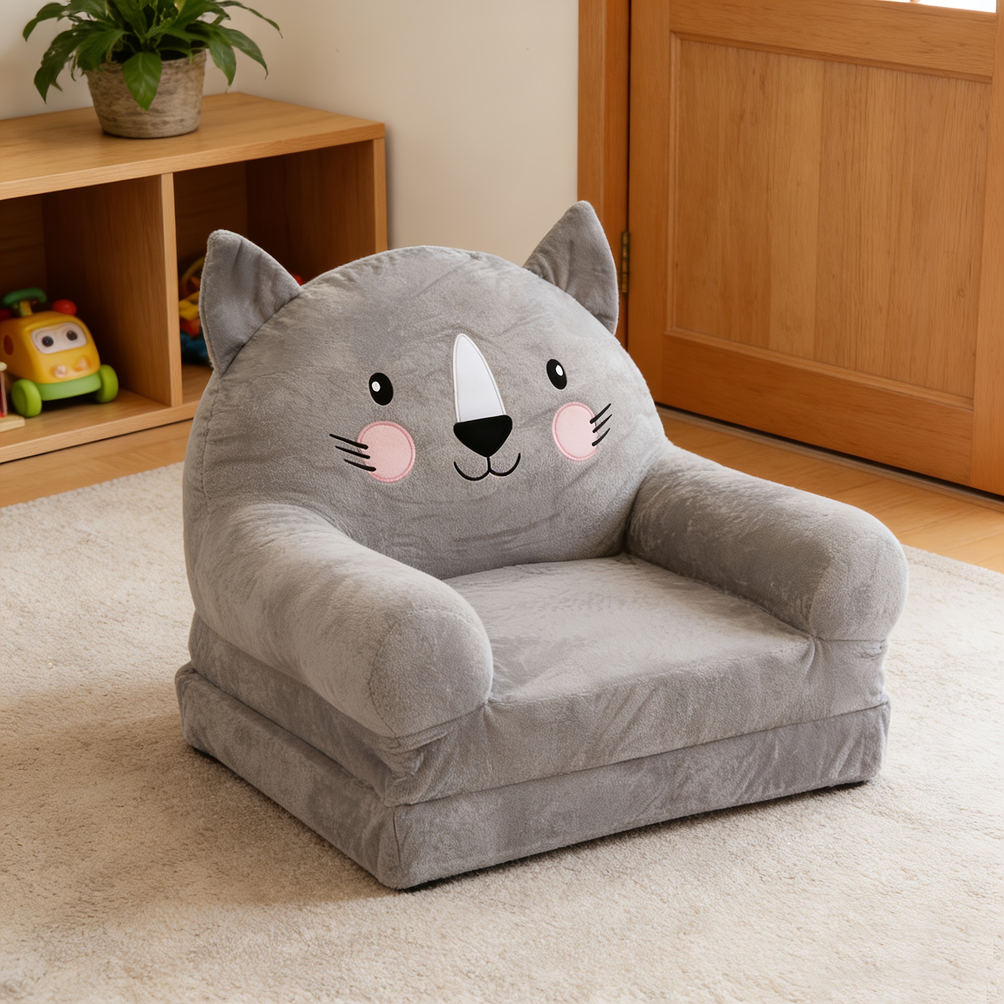 Cozy Kid Folding Sofa, Plush, Washable Lounge Chair for Playroom & Nursery, Gray Dog Style Foldable Wide Handle Soft Breathable Toddler Chair for Reading Relaxing Sleeping(2 Layers)