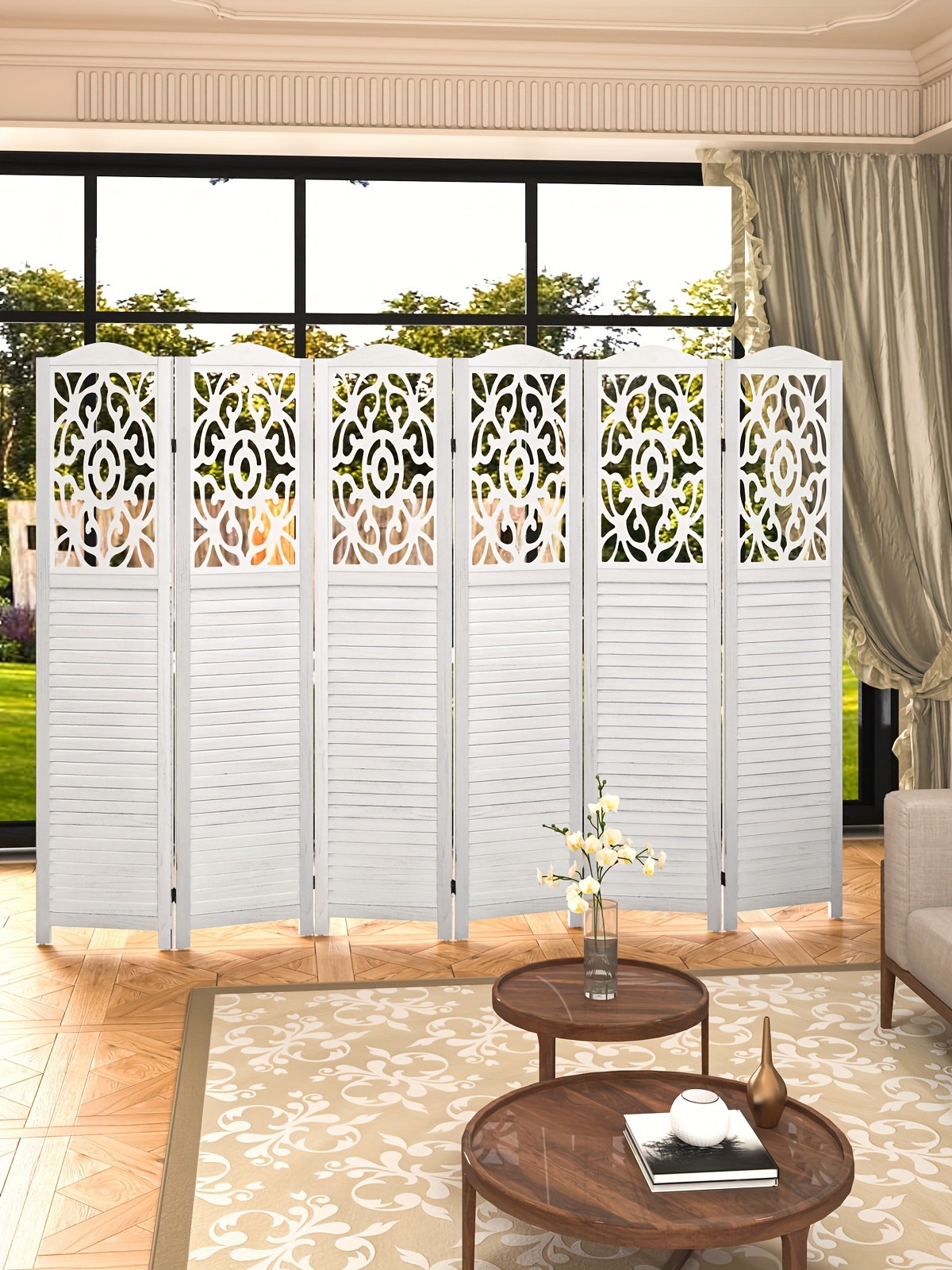 4/6 Panel Room Divider, 5.58 FT Folding Privacy Screen Room Separation, Freestanding Partition for Home Office Garden, Wood Carved Portable Room Divider Panel, Antique White/Rustic Brown