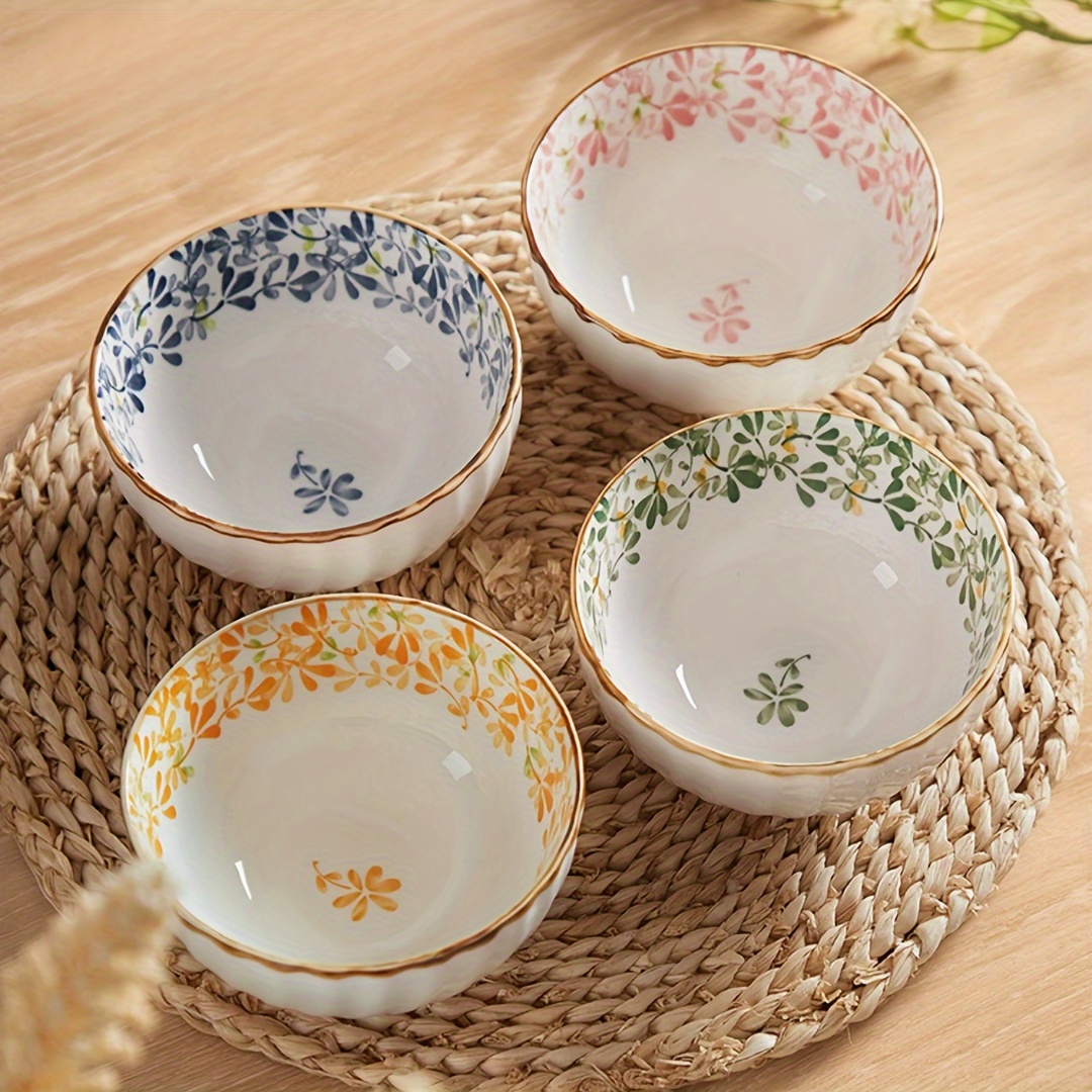 

4pcs, 4.5 Inch Ceramic Spiral Rice Bowl, Striped Soup Bowl, 4 Seasons Floral Pattern Tableware Set, Oven Microwave Safe, High Temperature Firing High-value Tableware, Kitchen Supplies