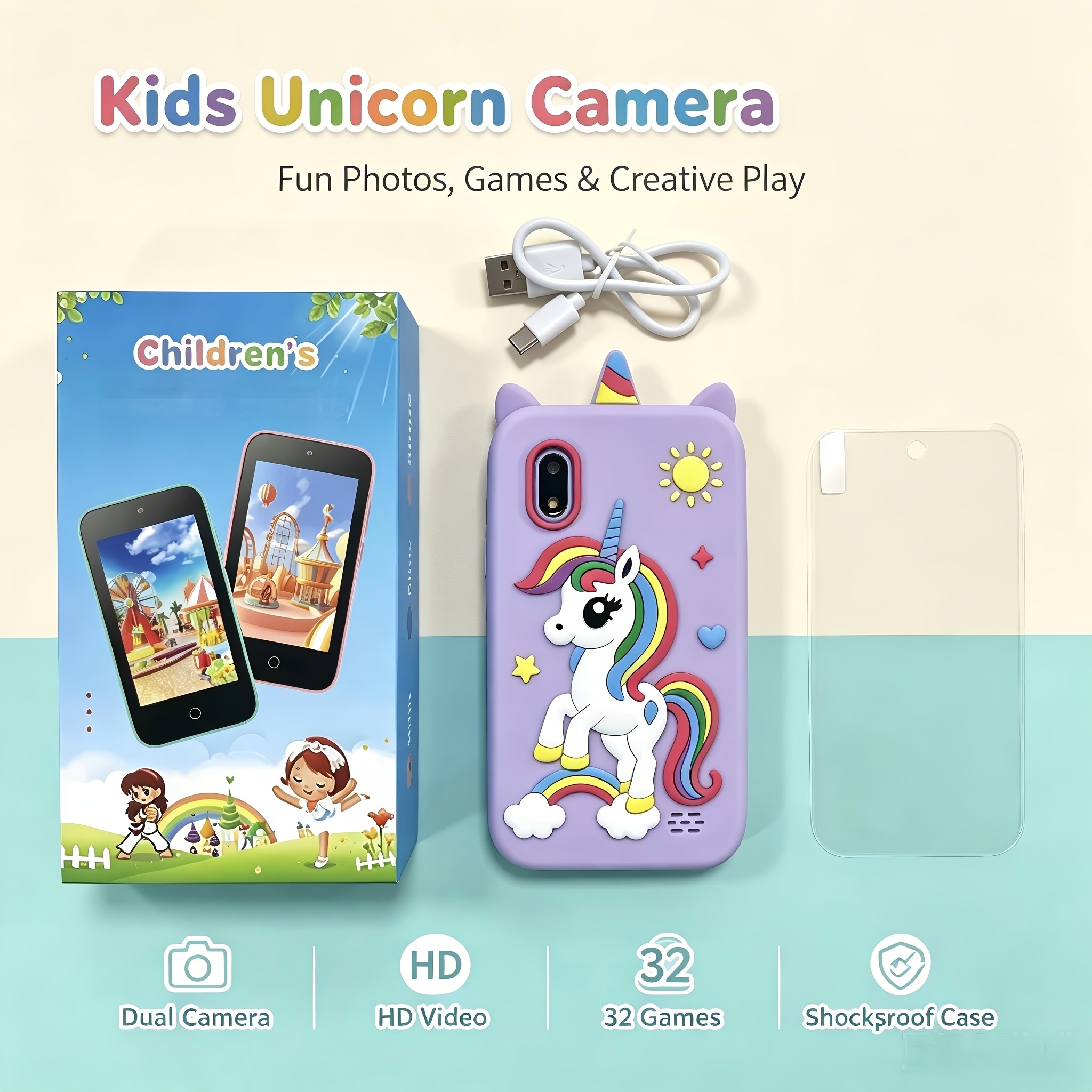 TEMU Appareil Photo Jouet pour Enfants, Écran Tactile de 4 Pouces, Double Objectif 10MP, Batterie 1200mAh, Affichage OLED, Jeux Amusants Intégrés,