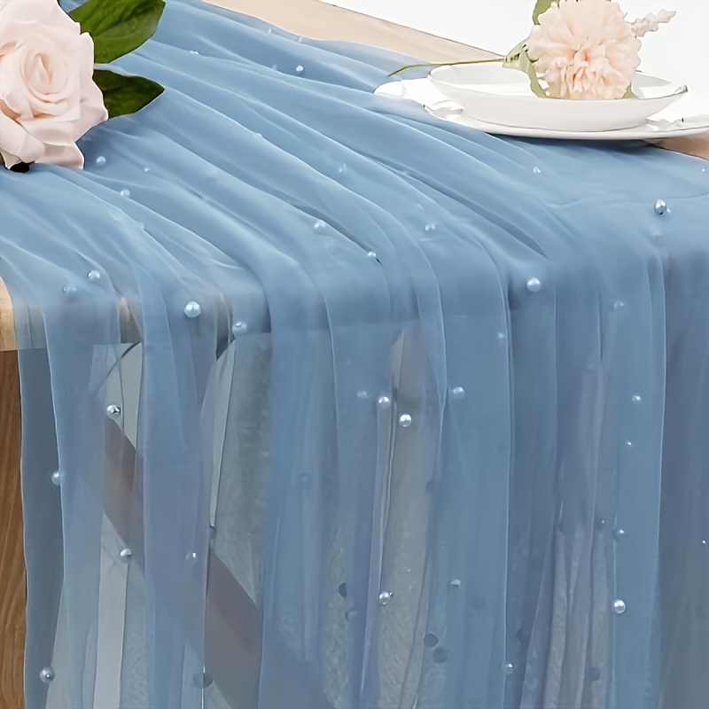 E-shop 10ft Perlen-Tischläufer 32x120 Zoll, staubblauer Tüllstoff, böhmisch-rustikaler durchsichtiger Tischläufer, Spitzentischdecke für Hochzeiten,