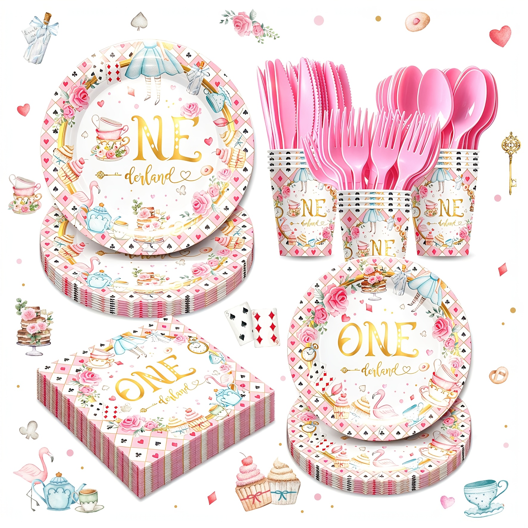 TEMU Tea Party Decorations Tableware - Alice Birthday Party Supplies For Fall & Winter, Christmas Party, Pink Plates, Napkins, Cups, Cutlery, Alice