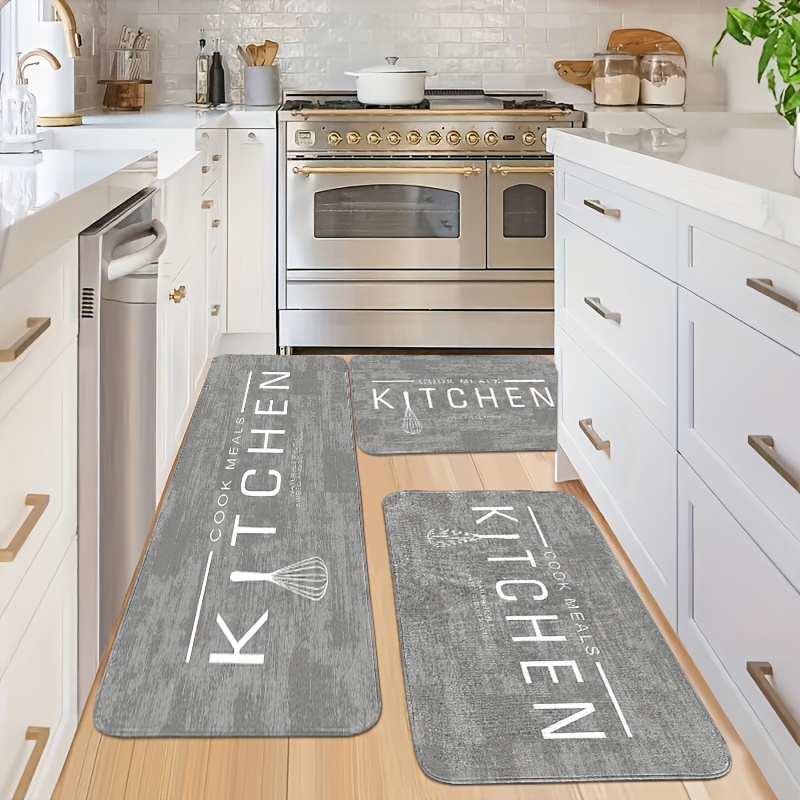 

2/3pcs Set Of Kitchen Rugs, Non-slip, Stain Resistant, Lightweight, Machine Washable, Knit Weave, Polyester, Rectangle Shape With Design, Grey, Soft Flannel For Kitchen, Hallway, Bedroom, Living Room