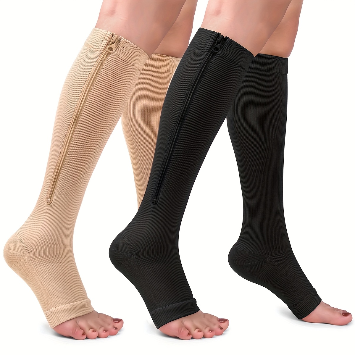 E-shop 2 Paare Kompressionsstrümpfe mit Reißverschluss - dicke Kniehoch-Stützstrümpfe für Männer und Frauen, atmungsaktives Nylon, ideal für Radfahren