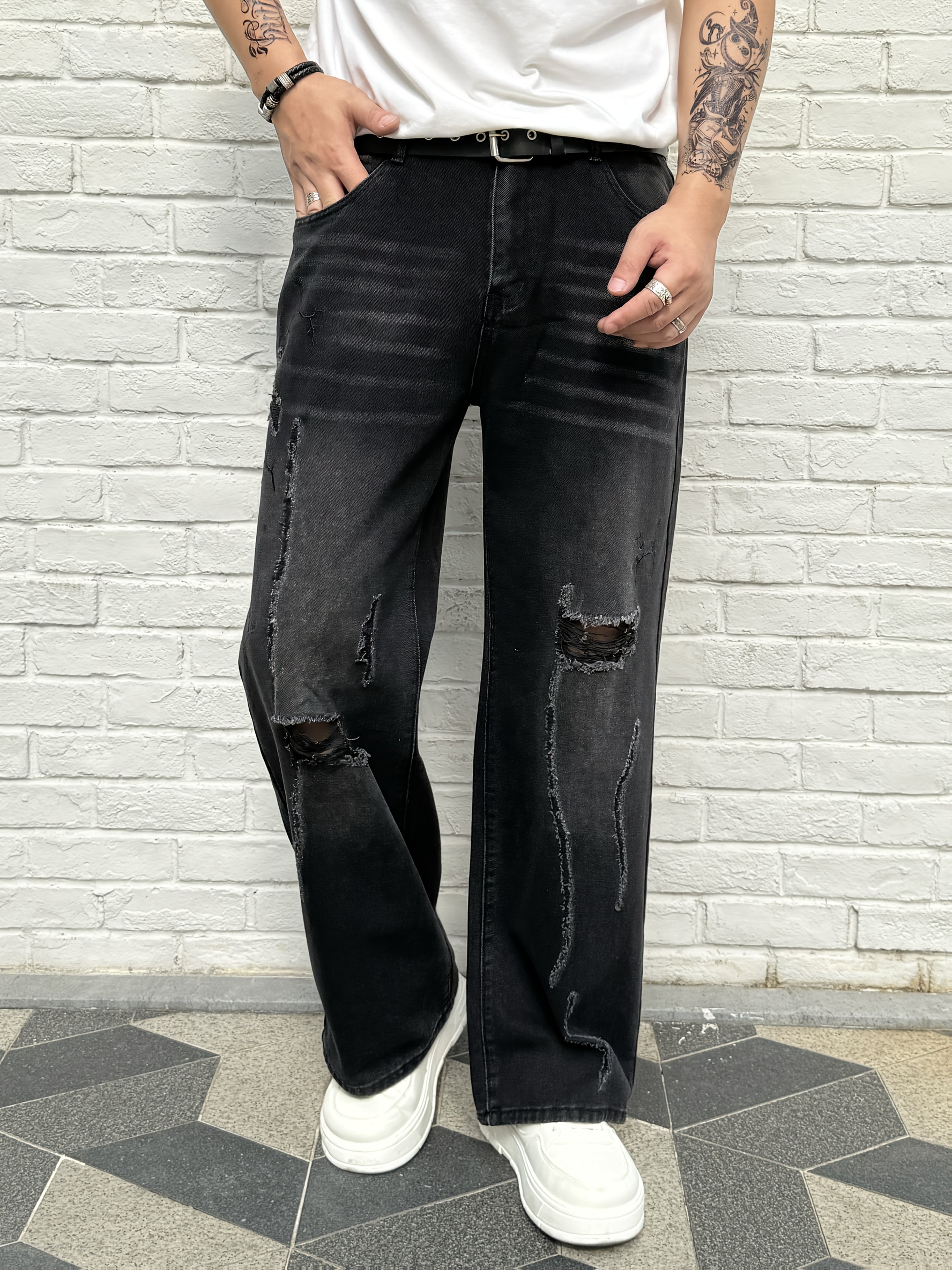 Loose Ripped Black Jeans Slim Fit Skinny Stacked Distressed Ripped