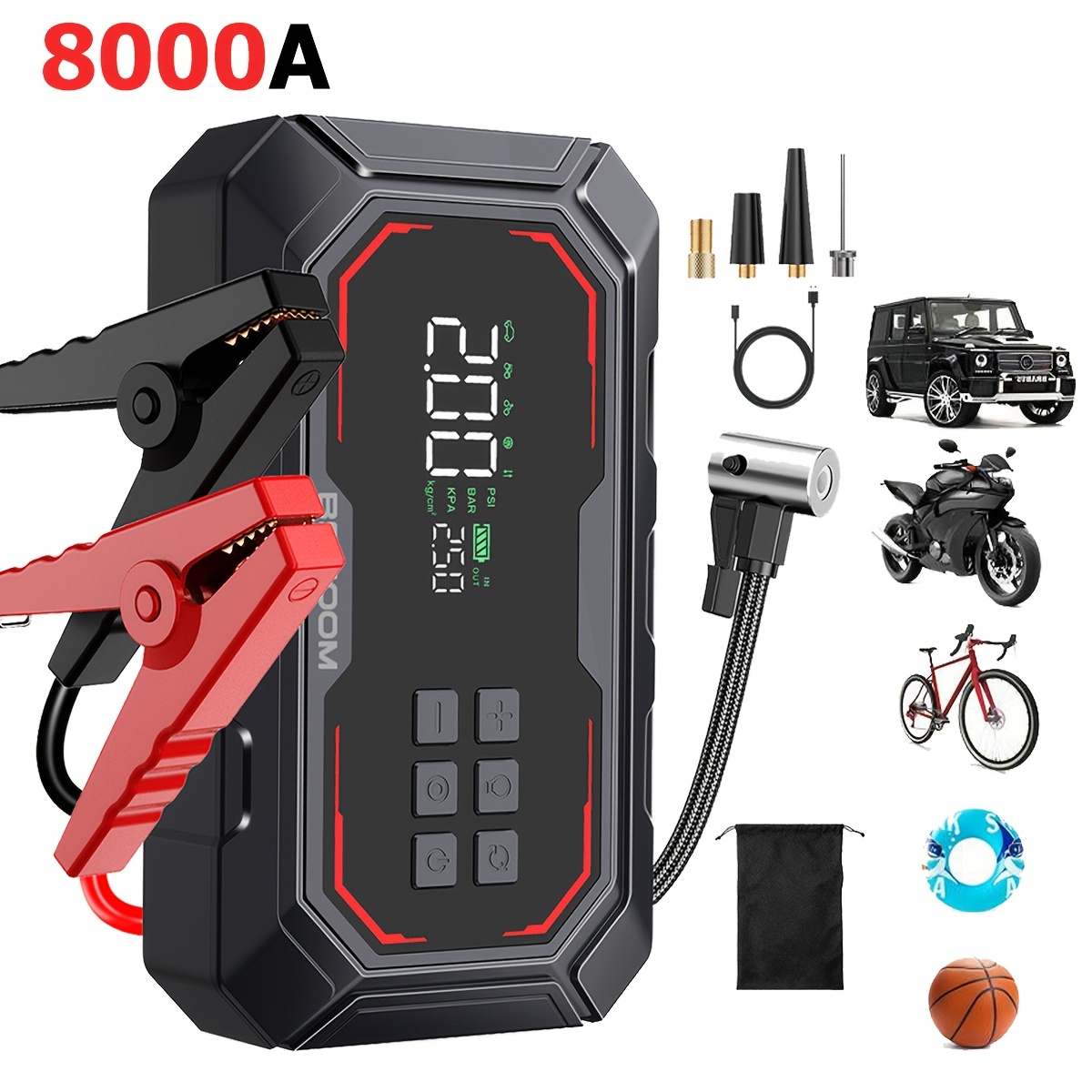 TEMU BSMOOM Arrancador de Coche con Soplador de Aire, Compresor de Aire, Bomba Infladora Inalámbrica, Refuerzo de Batería, ( y Diésel de 10.0L), Pack