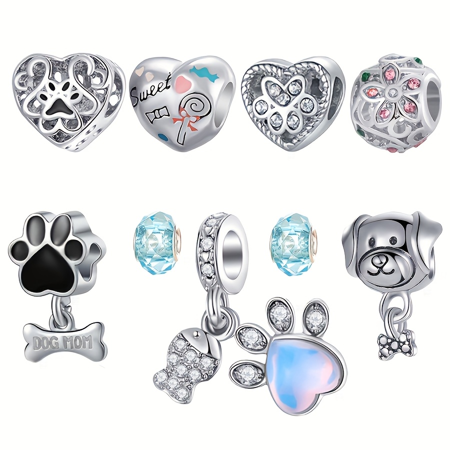 TEMU 9pcs Chain Ornaments, Pendants Fashionable Versatile Creative Silvery Love Heart Paw Beads Lollipop Flower Bead Charms Blue Beaded Dog Paw