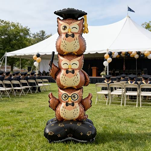 poza articolului 1 buc. balon metalic bufniță stivuită pentru absolvire, 150cm/59 inch, formă bufniță extra large, cu design toc și robă de absolvire. potrivit pentru petreceri de absolvire, ceremonii de înmânare a diplomelor, sărbători