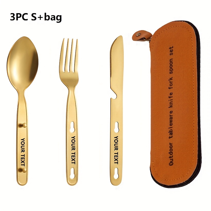 customize your text name 3pcs set bag silvery black golden colored stainless steel tableware knife   set outdoor portable western food knife fork picnic knife knife   that   fastened   can open bottles Product details 1