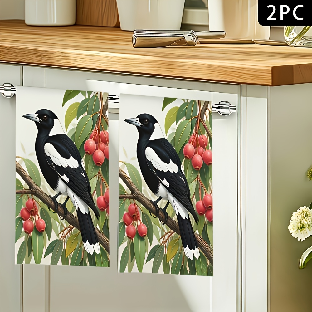 TEMU 2pcs Set - Themed Towel Set - Modern Magpie Berry Branch Tea Towel, Soft Absorbent Dish Cloth, Decoration, Gift For Neighbor, Mom, Birthday