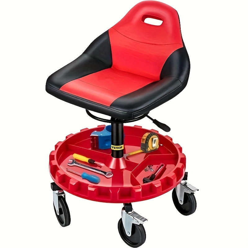 

Rolling Garage Stool, 300lbs Capacity, 18"-23" Adjustable Height Range, Mechanic Seat With Swivel Casters And Tool Tray, For Workshop, Auto Repair Shop, Red
