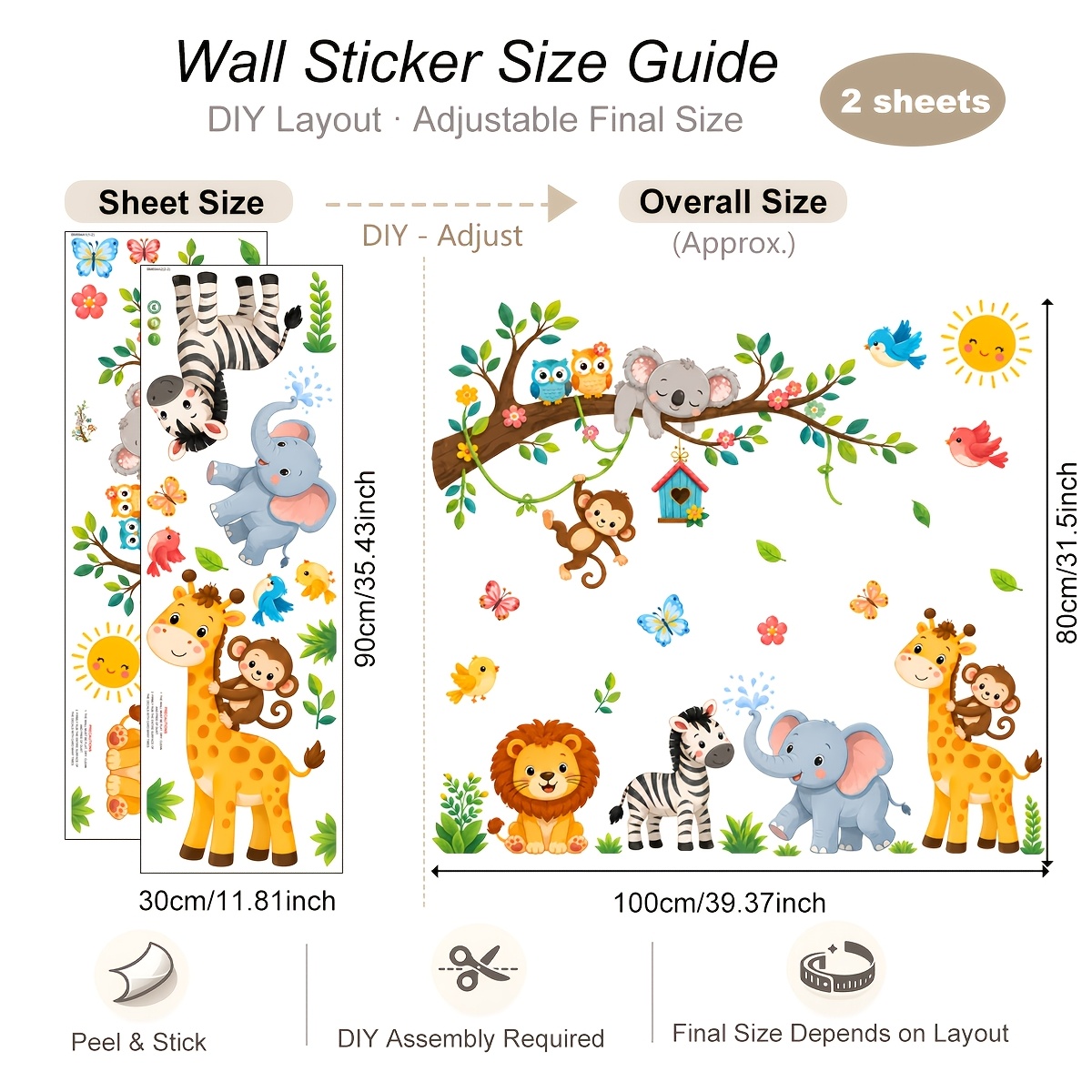 TEMU 2pcs 30x90cm Animal Wall Stickers Tree Branch Koala Monkey Elephant Giraffe Lion Zebra Owl Bird Sun Vinyl Wall Decal Removable Peel And Stick