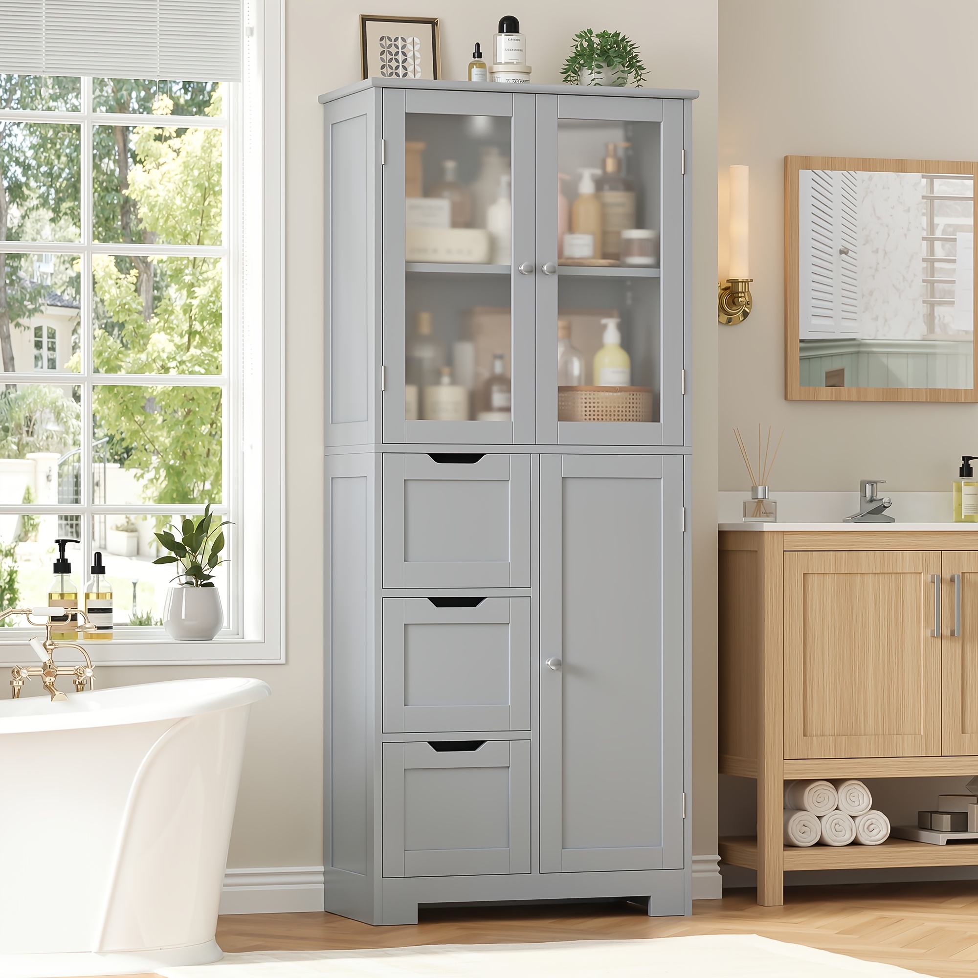 Image of Kealive Tall Bathroom Cabinet, Kitchen Cabinet, Storage Cabinet With 3 Drawers And 3 Doors, Suitable For Hallway, Bedroom, Living Room, Wood